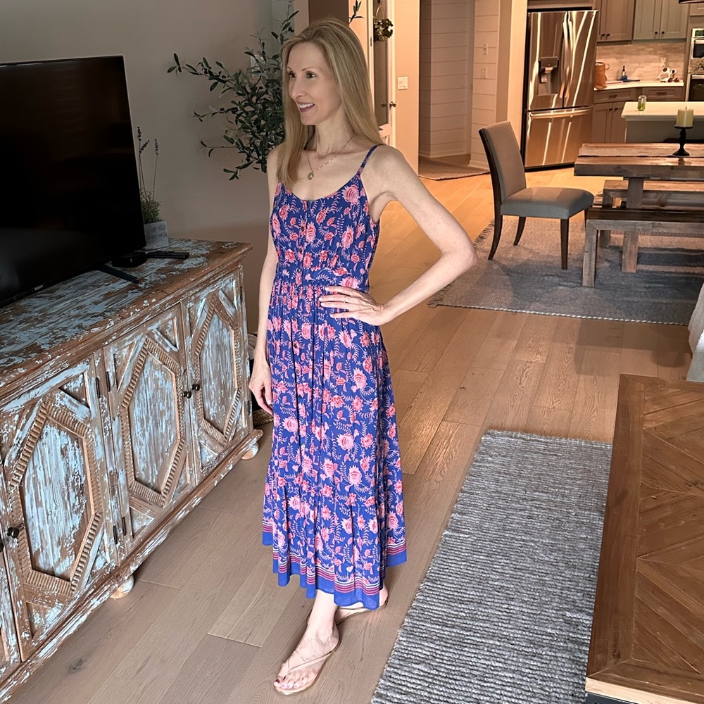 XiRENA Floral Midi Dress Blue Red Cotton Resort Vacation Boho Small NWT